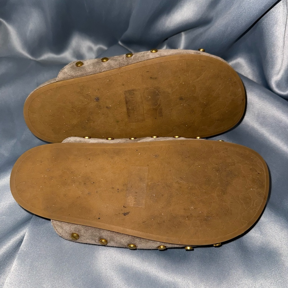 Veronica Beard Taupe Suede Shearling-Trim Studded Mule Slides - Picture 5 of 6
